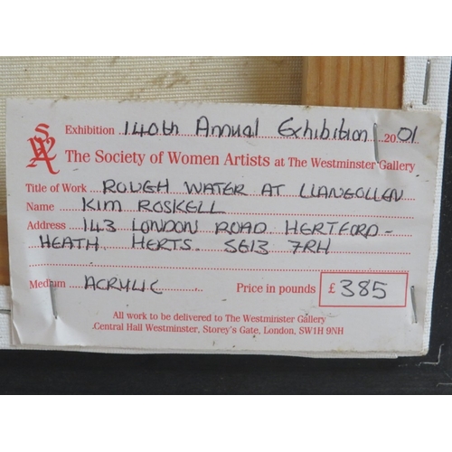 517 - Kim Roskell.  20th/21st Century framed acrylic on canvas.  Rough Water at Llangollen, Wales.  Purcha... 