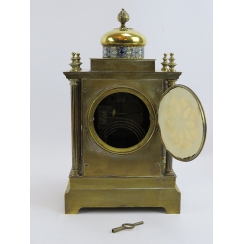 154 - A French gilt brass cloisonné decorated striking clock garniture, late 19th/early 20th century. (3 i... 