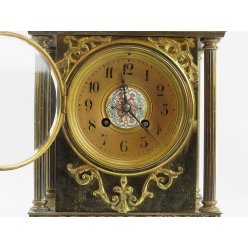 154 - A French gilt brass cloisonné decorated striking clock garniture, late 19th/early 20th century. (3 i... 