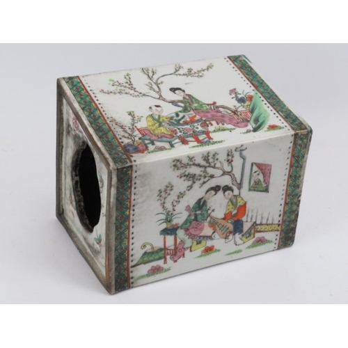 24 - A large Chinese famille verte decorated porcelain pillow, early 20th century. Depicting figures in a... 