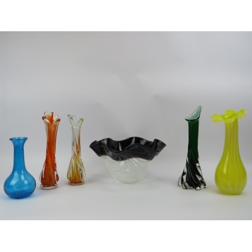 31 - A group of Murano and other vintage glass wares. Comprising five vases and a bowl. (6 items) 28 cm t... 