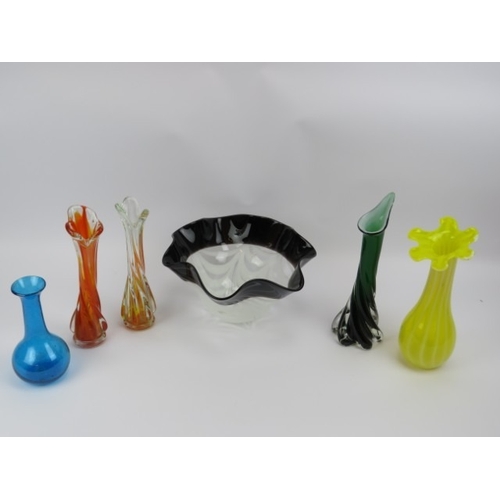 31 - A group of Murano and other vintage glass wares. Comprising five vases and a bowl. (6 items) 28 cm t... 