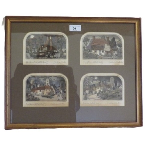 501 - Graham Clarke 1941.  Two framed and glazed etchings/aquatints.  The first is a montage of four small... 