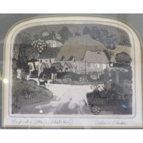 501 - Graham Clarke 1941.  Two framed and glazed etchings/aquatints.  The first is a montage of four small... 