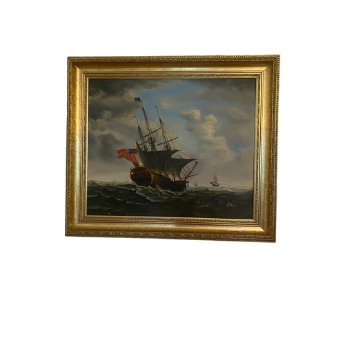 194 - Gilt Framed Oil on Canvas 'Nautical Scene' 
Including Frame 77cm x 67cm