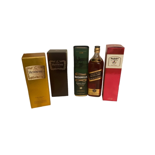 250 - 5 Bottles ; Paddy, Johnny Walker, Bushmills Whiskey & Hennessy Cognac