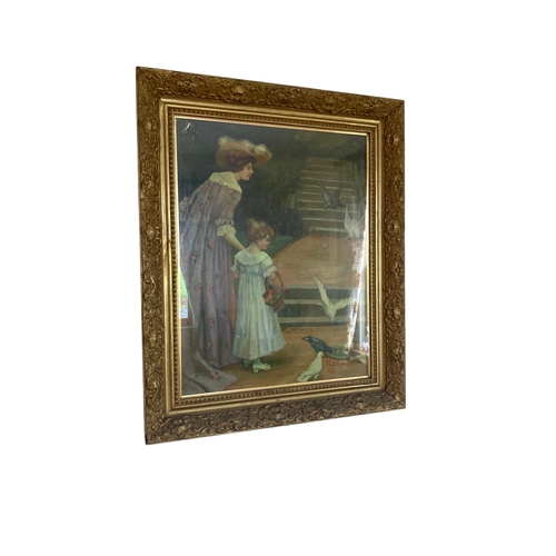 61 - P. Wilson Vict Signed Gilt Framed Painting 'Feeding the Birds'
52cm W x 64cm Including Frame