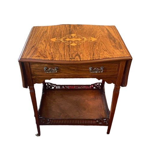 140 - Rare Quality Late Vict Inlaid Rosewood Drop Leaf 1 Drawer Side Table 
90cm W 47cm D 66cm H (with lea... 