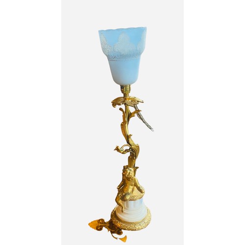 150 - Very Unusual 19C Gilt Brass & Marble Uplighter with Blue Engraved Shade