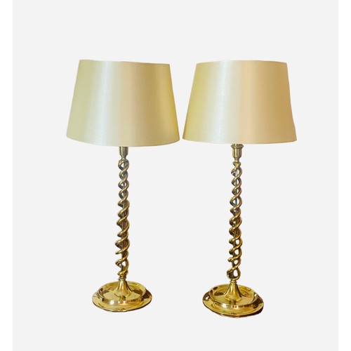 184 - Impressive Pair of Tall and Heavy Georgian Barley Twist Solid Brass Table Lamps, 65cm H