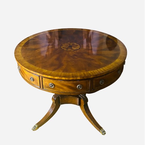 218 - Very Impressive Edw Style Inlaid Mah 4 Drawer Drum Table on Pod Base
107cm Diam x 80cm H