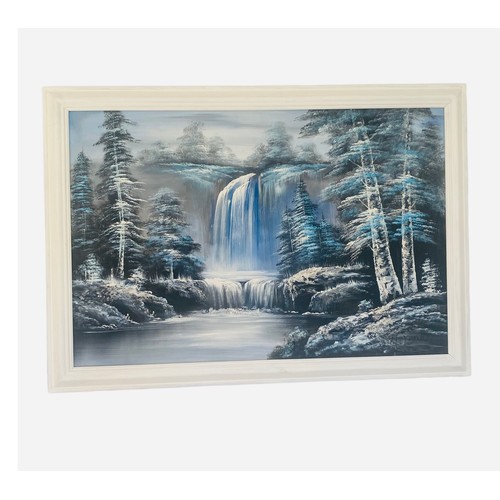 415 - White Framed Oil on Canvas 'Waterfall / Winter Scene'
102cm x 72cm Including Frame