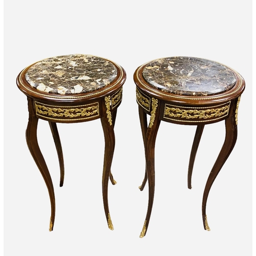 123 - An Elegant Pair of French Ormolu Mounted Marble Top Mahogany Side Tables 
49cm Diam x 80cm H