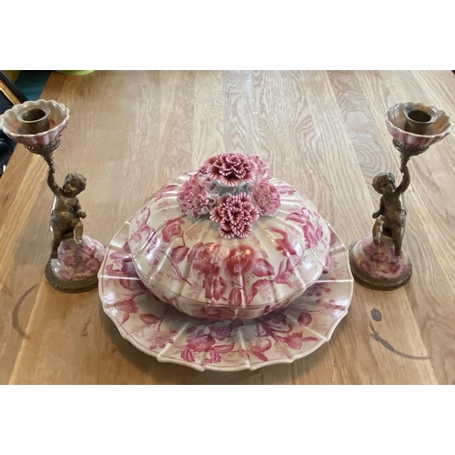 15 - Hand Painted Porcelain Tureen , & Pair of Brass & Ceramic Candlesticks