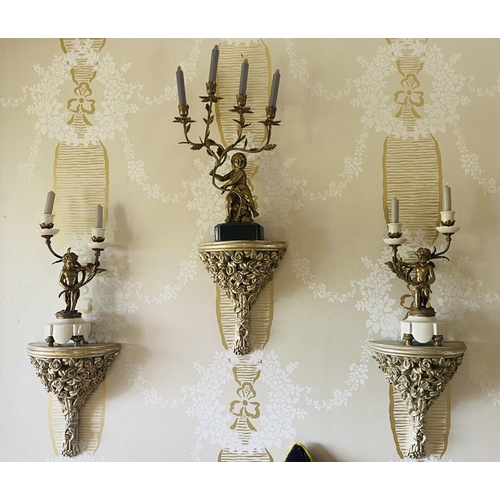 40 - Pair of Brass & Ceramic Candle Holders plus 1 4 Branch Candle Holder & 3 Carved Brackets