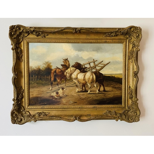 80 - F. Knight 1887 Oil on Heavy Canvas in Heavy Gilt Frame 
'3 Horses & The Dog'
73cm x 56cm cm Includin... 