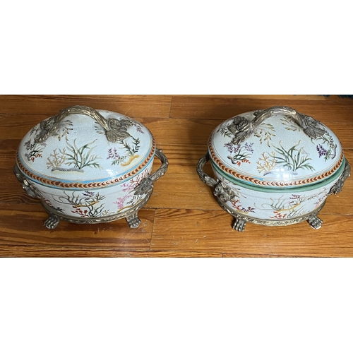 83 - Pair of Hand Painted Porcelain & Brass Lidded Pots