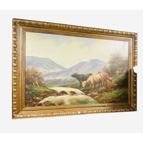 143 - Gilt Framed Heavy Oil on Canvas ' Scottish Scene'
Including Frame 91cm W x 65cm L