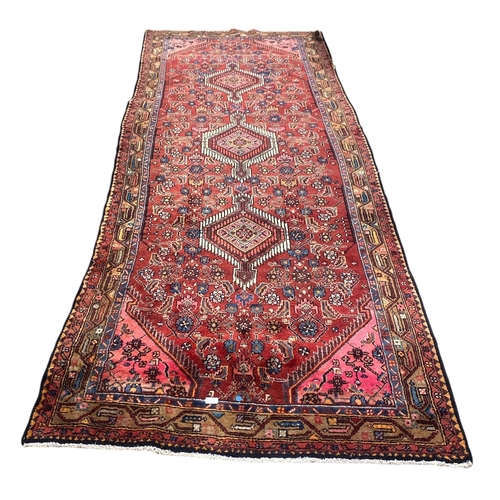 259 - Hand Made Persian Rug , Red & Pink All Over Ground, Navy Border 
131cm x 337cm