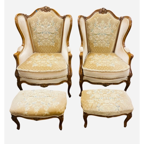 416 - Very Elegant Pair of French Solid Walnut Armchairs with a Matching Pair of Foot Stools.