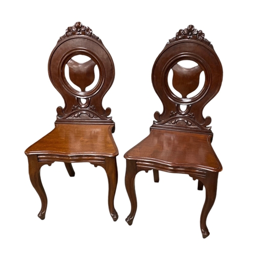 420 - Good Quality Pair of Early Vict Mahogany Cabriole Leg Hall Chairs (Recently Polished)