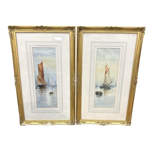 135 - Pair of Vertical Gilt Framed Watercolours 
Signed in monogram 
Dim including frame 46cm  x 77cm