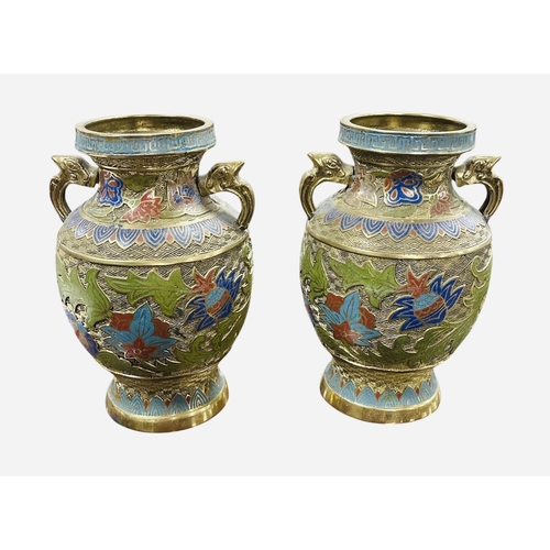 269 - Pair of Japanese Champleve Brass  Twin Handled Vases with Enamel  Floral Design
24cm H