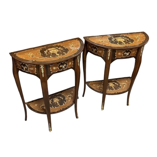 290 - Pair of Inlaid Demi Lune 1 Drawer Side Tables 
63cm W 31cm D 75cm H