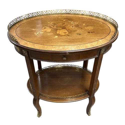 292 - Very Pretty French Inlaid Walnut 2 Tier Oval Table with Brass Gallery 
58cm W 40cm D 65cm H