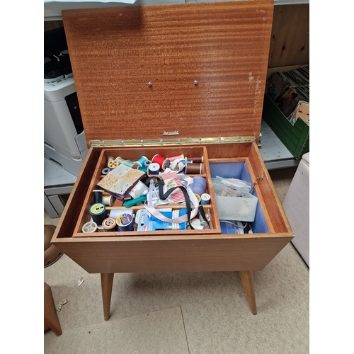 221 - Mid century embroidered top sewing box with contents