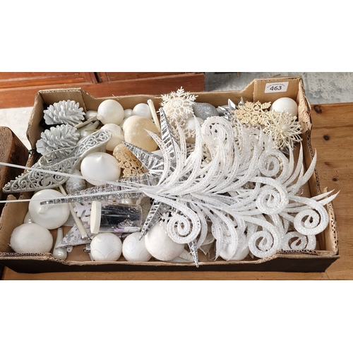 463 - Box of white and silver Christmas decorations