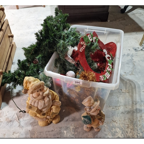 594 - Large box of Christmas items including light up garland