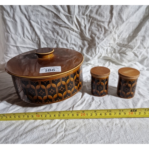 186 - Hornsea Heirloom lidded casserole dish and salt and pepper pots