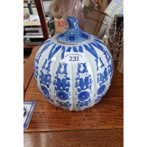 231 - Pumpkin shaped blue/white jar