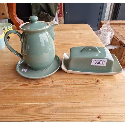 243 - Denby Manor Green stoneware butter dish and coffee pot