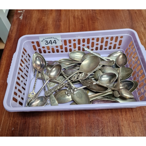 344 - Tray of old spoons some sterling