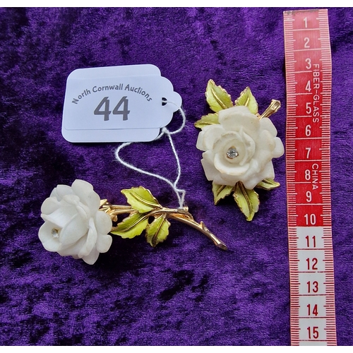 44 - 2 Vintage white rose brooches