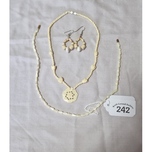 242 - Vintage bone necklace/wooden earrings and other necklace