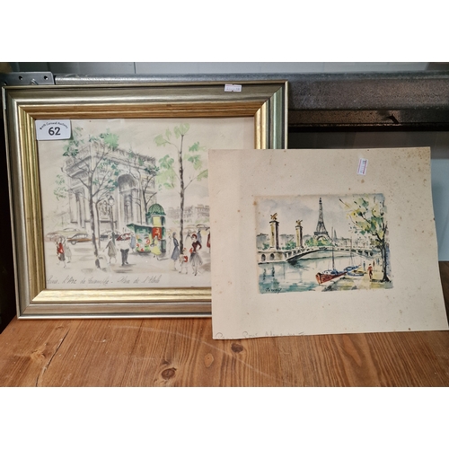 62 - 2 French prints L'Arc De Triomphe framed and Eiffel tower unframed 38x32cm