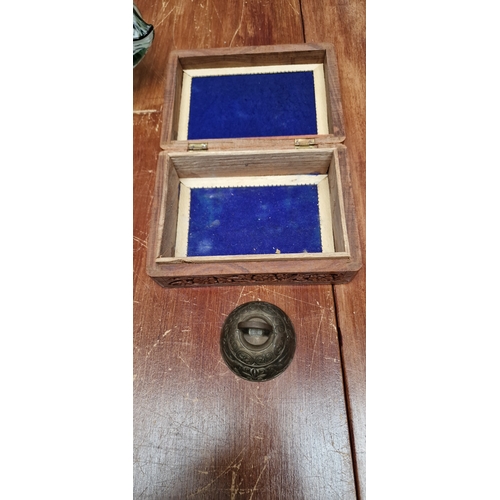 433 - Inlaid carved jewellery box/antique brass bell