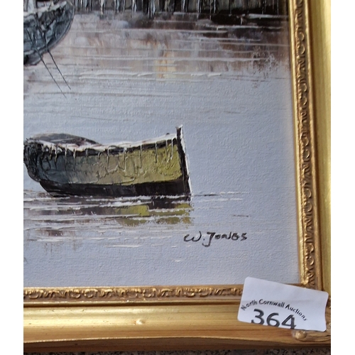 364 - Vintage oil painting of fishing boats in harbour by W Jones64x48cm