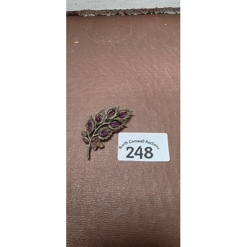 248 - Vintage Purple Stone Leaf Brooch