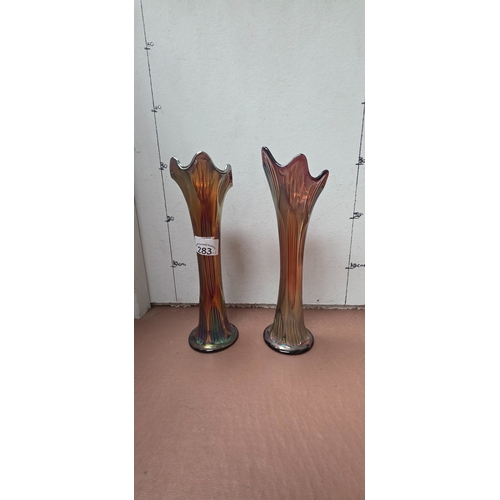 283 - 2 Fenton Ribbed Carnival Glass Bud Vases