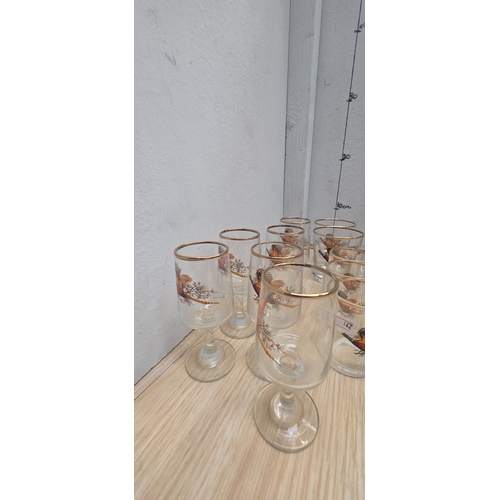 53 - Large Collection of Flying Pheasant Gold Rimmed Glasses