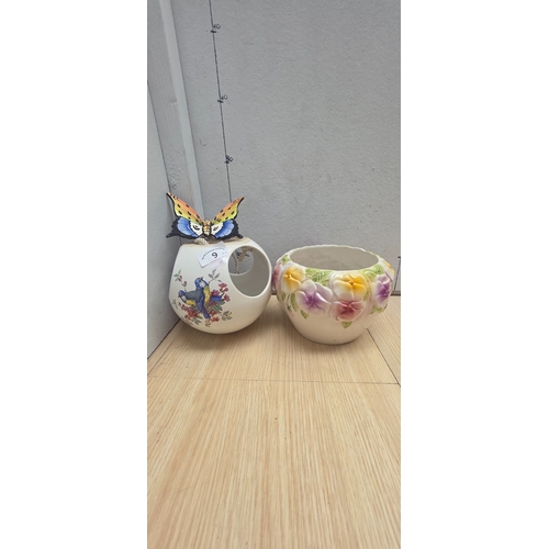 9 - 2 Floral ceramic planter and hanging bird feeder