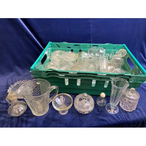 72 - Collection of Vintage Glass and Cut Glass Items inc. Lemon Juicer, Pots with Lids, Oil/Vinegar Bottl... 