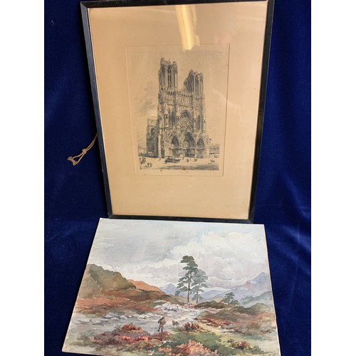 92 - H Toussaint Etching Reims 1883 with Original Watercolour by Pheobe Longbottom 1938