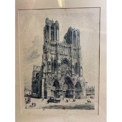 92 - H Toussaint Etching Reims 1883 with Original Watercolour by Pheobe Longbottom 1938