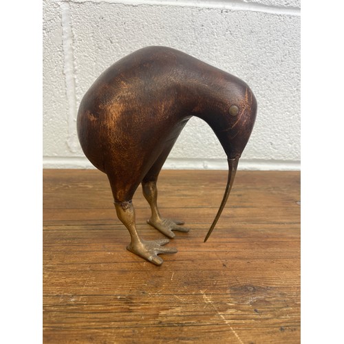 66 - Vintage Mid Century Carved Wood & Brass Kiwi