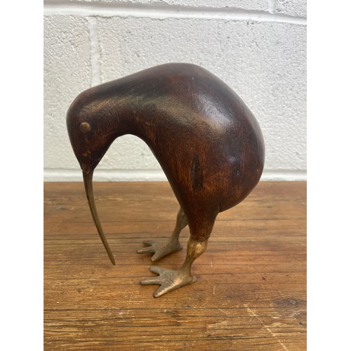 66 - Vintage Mid Century Carved Wood & Brass Kiwi